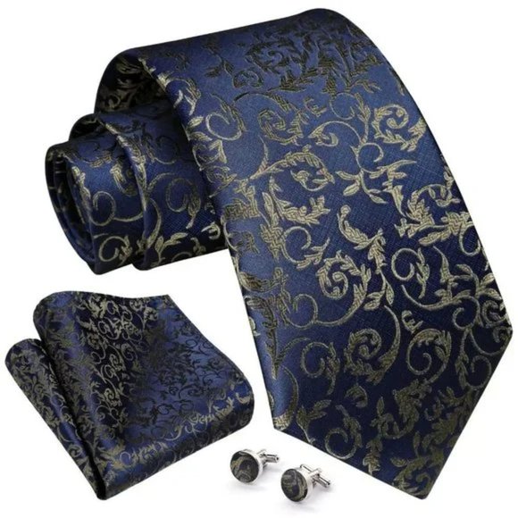 New 𝅺TIE and Pocket Square Cufflinks Set Navy Gold - Picture 1 of 6